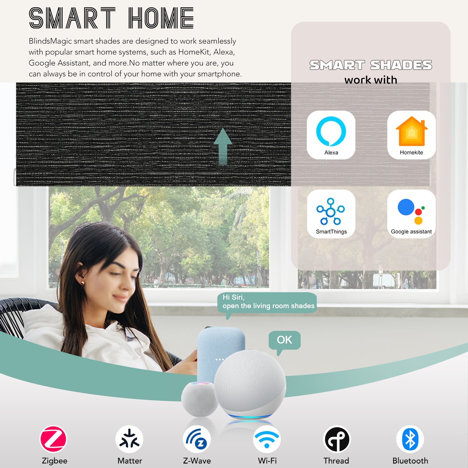 BlindsMagic Smart Motorized Roller Shades 100% Blackout Klamath