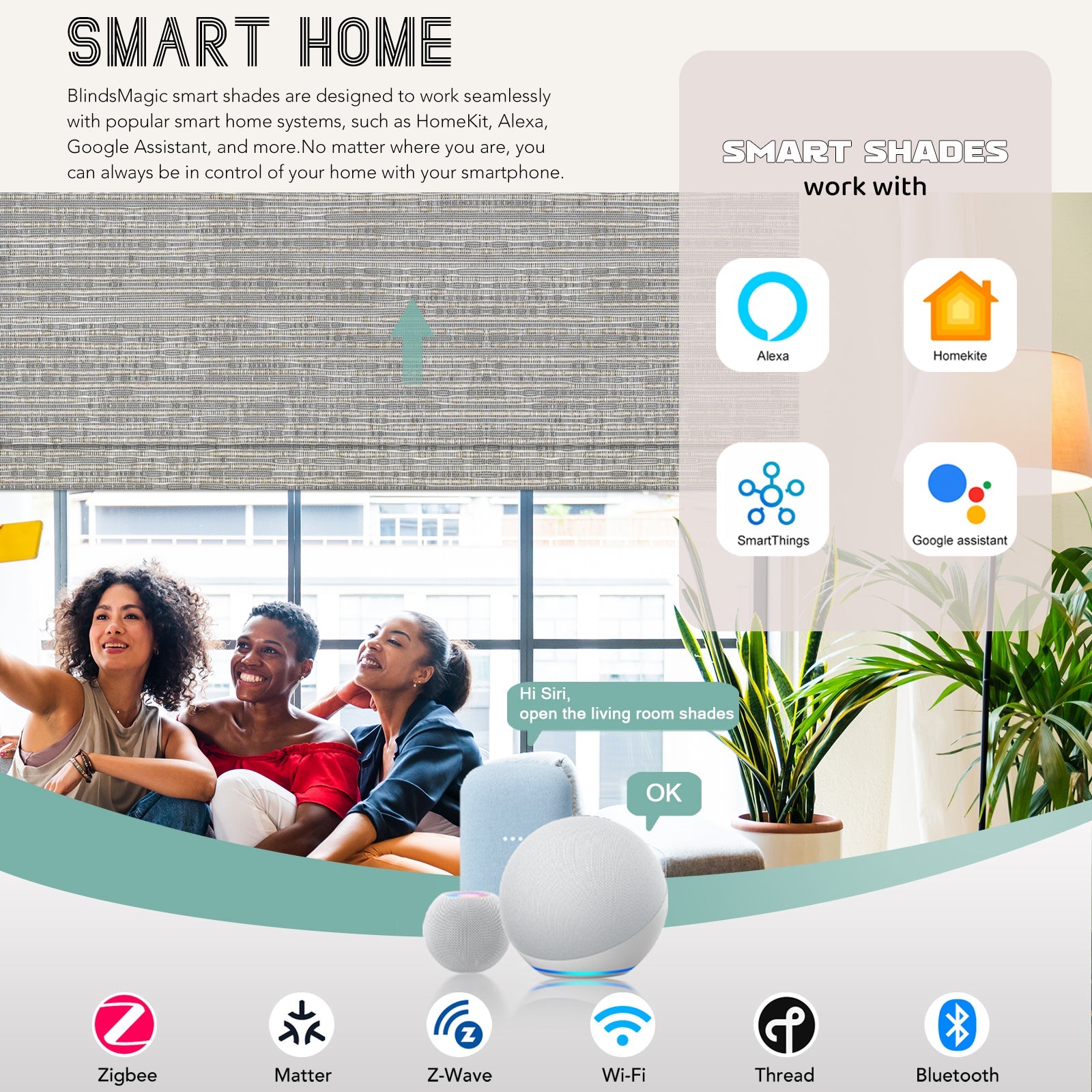 BlindsMagic Smart Motorized Roller Shades 100% Blackout Camden