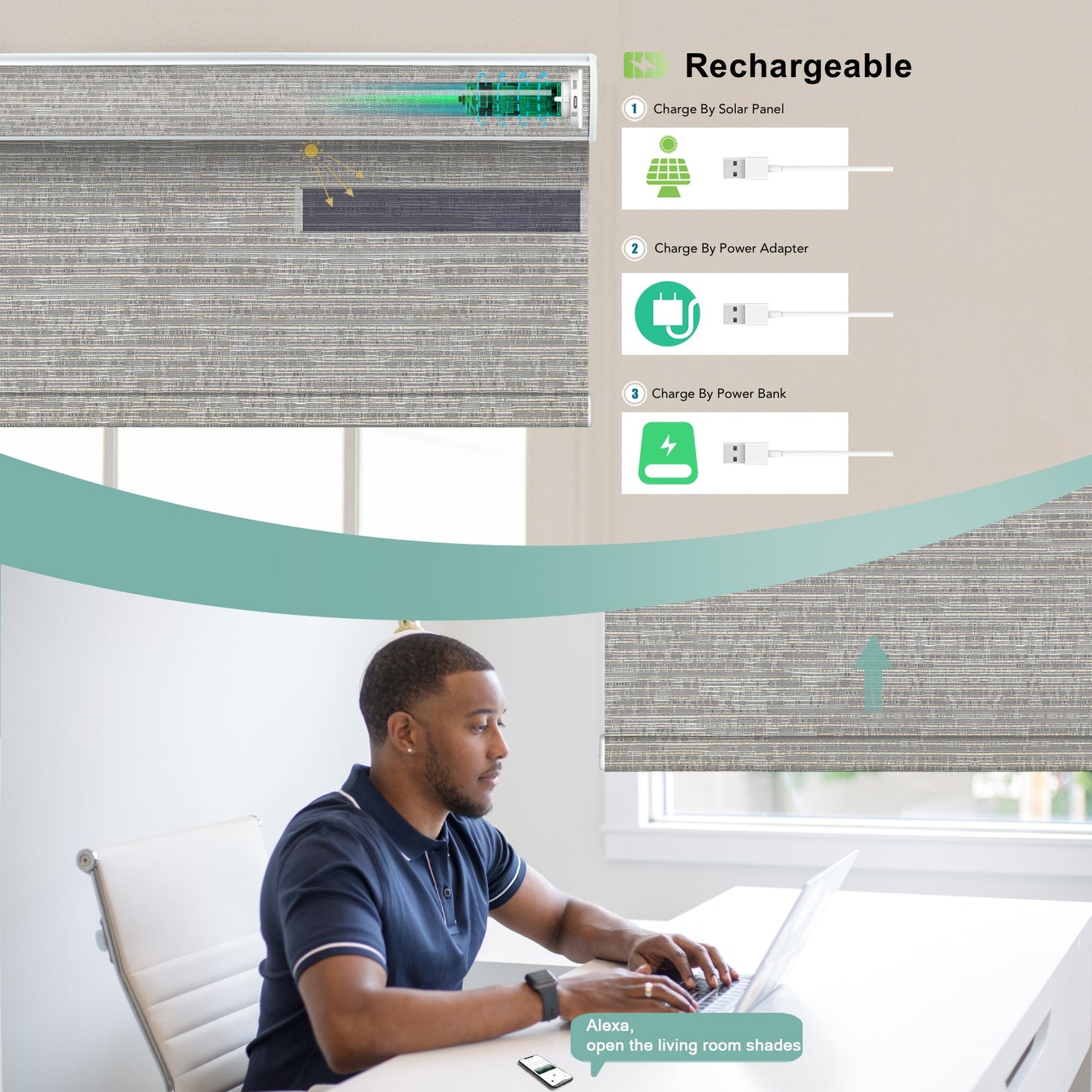 BlindsMagic Smart Motorized Roller Shades 100% Blackout Camden