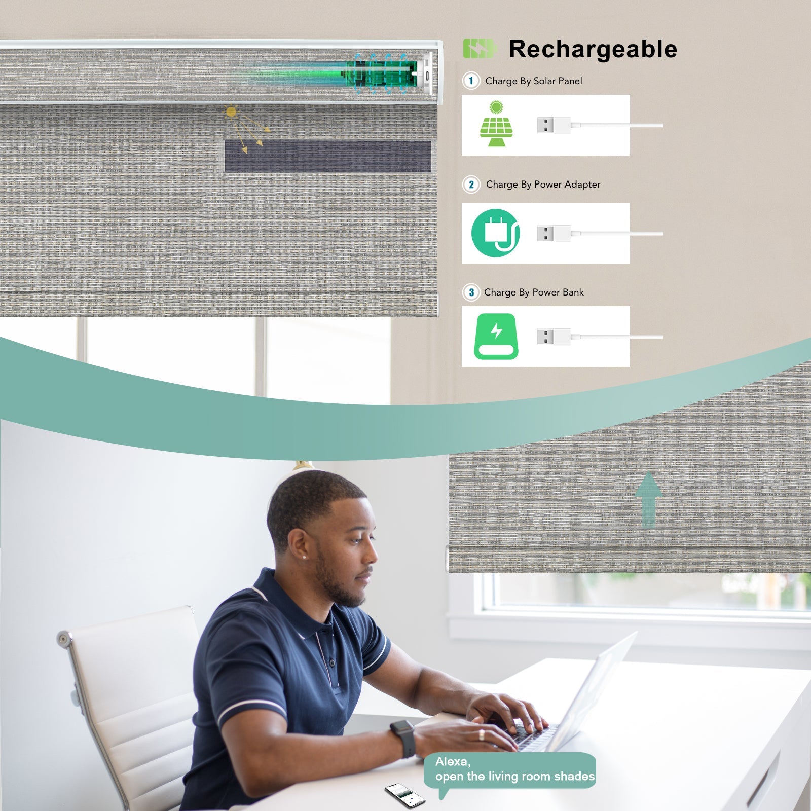BlindsMagic Smart Motorized Roller Shades 100% Blackout Camden