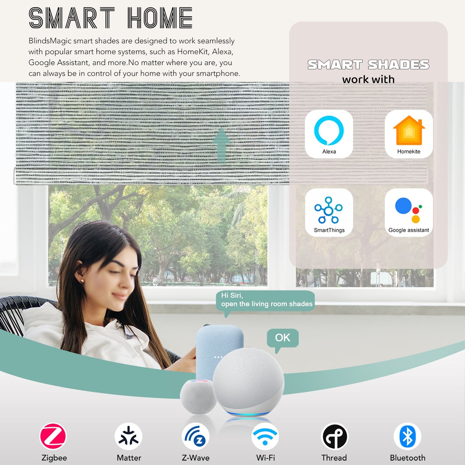 BlindsMagic Smart Motorized Roller Shades 50% Blackout Klamath