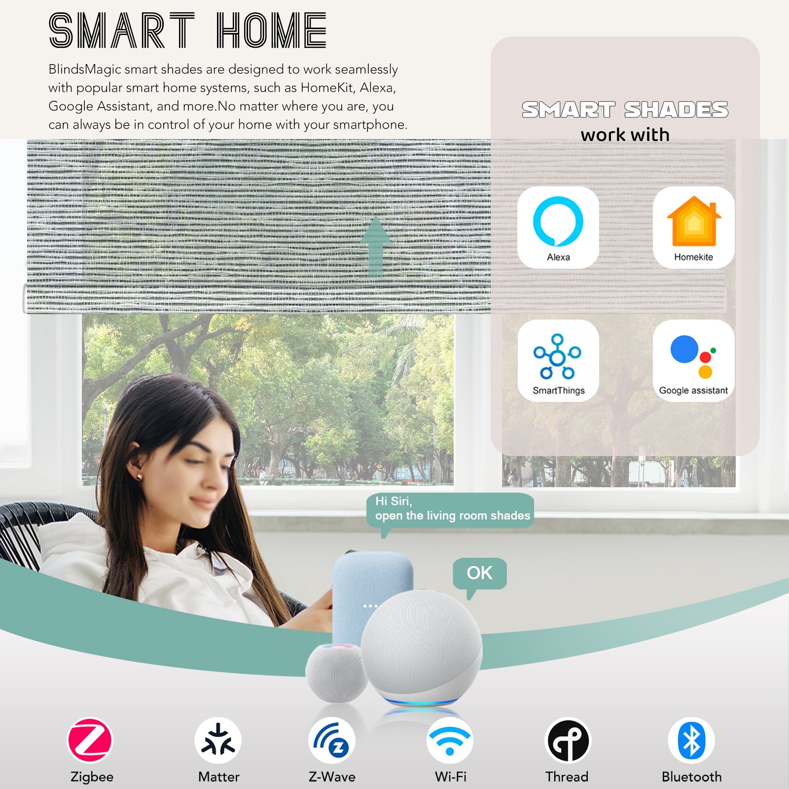BlindsMagic Smart Motorized Roller Shades 50% Blackout Klamath